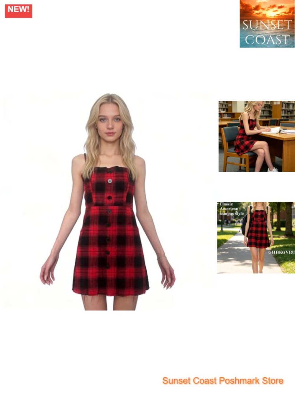 Y2K Red Plaid Spaghetti Strap Mini Dress Cotton
